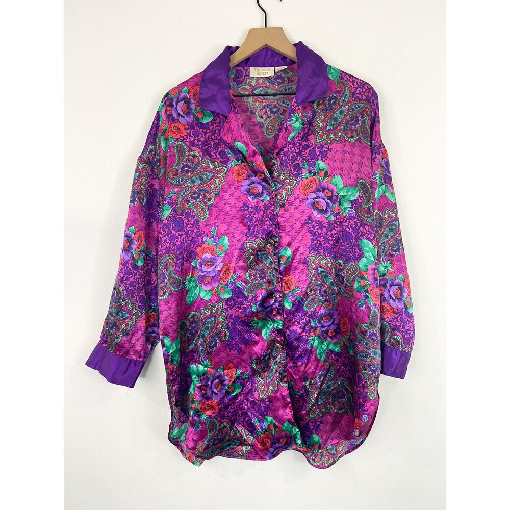 Vintage Victoria's Secret Gold Label Jewel Tone Satin Sleep Shirt Dress M/L